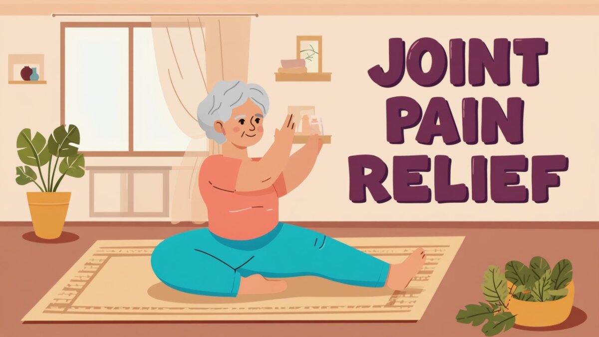Senior doing gentle stretching exercise, pastel cartoon style, 2025