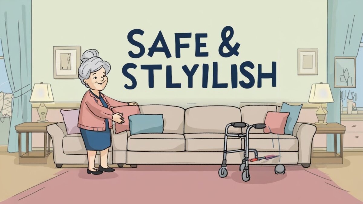 Senior arranging a safe and stylish living room with wide walkways and soft lighting, pastel cartoon style, 2025