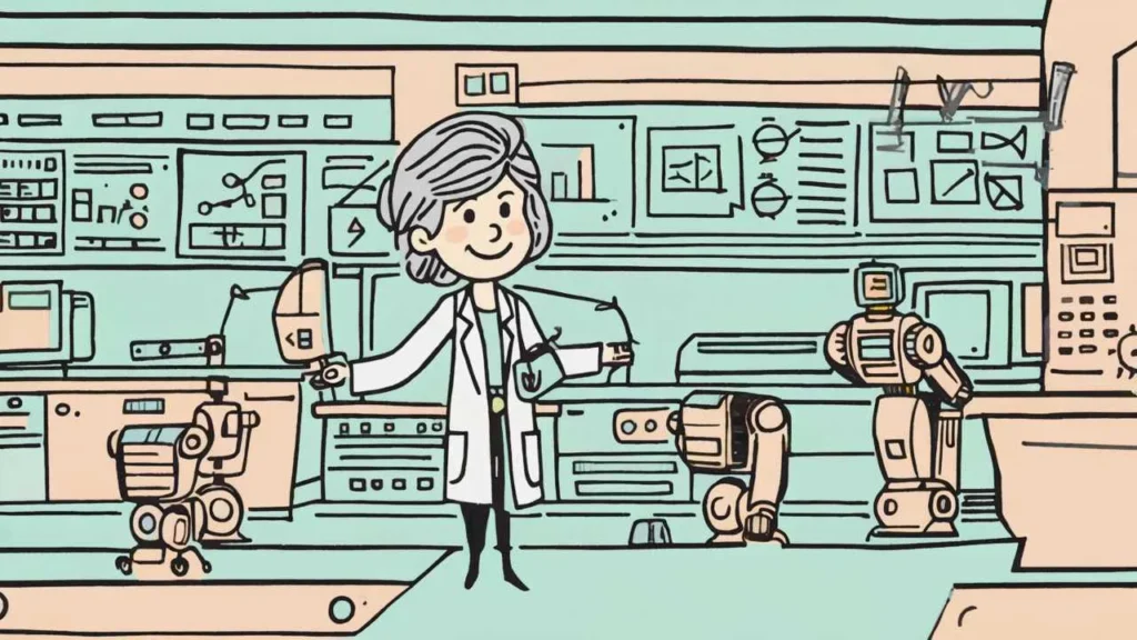 Cartoon illustration of a senior professional working alongside AI technology with pastel blue and rose pink accents showing collaboration between human and artificial intelligence""