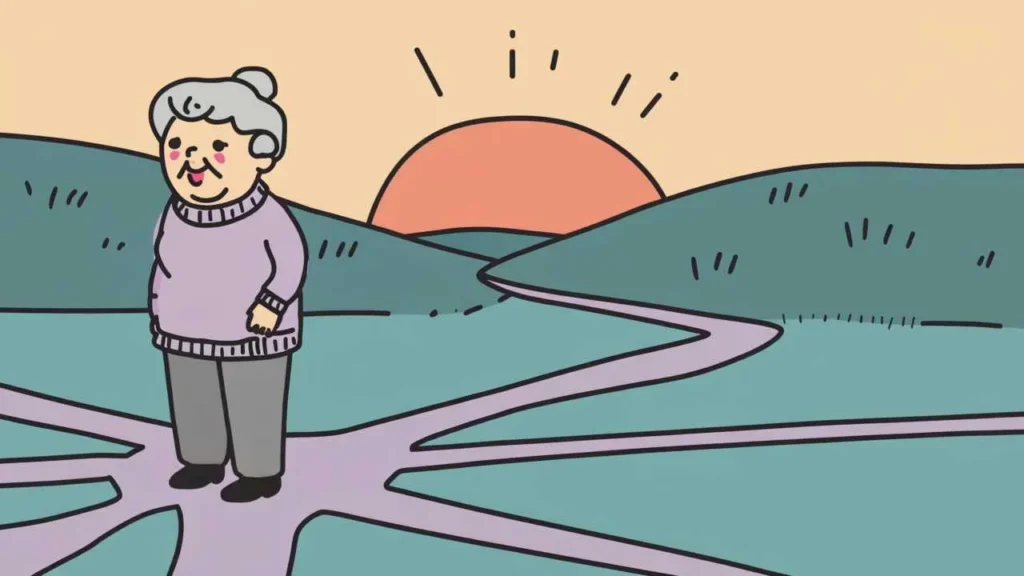 Uplifting cartoon illustration of senior standing at crossroads with multiple colorful paths ahead, sunrise in background symbolizing new beginnings in soft pastel tones