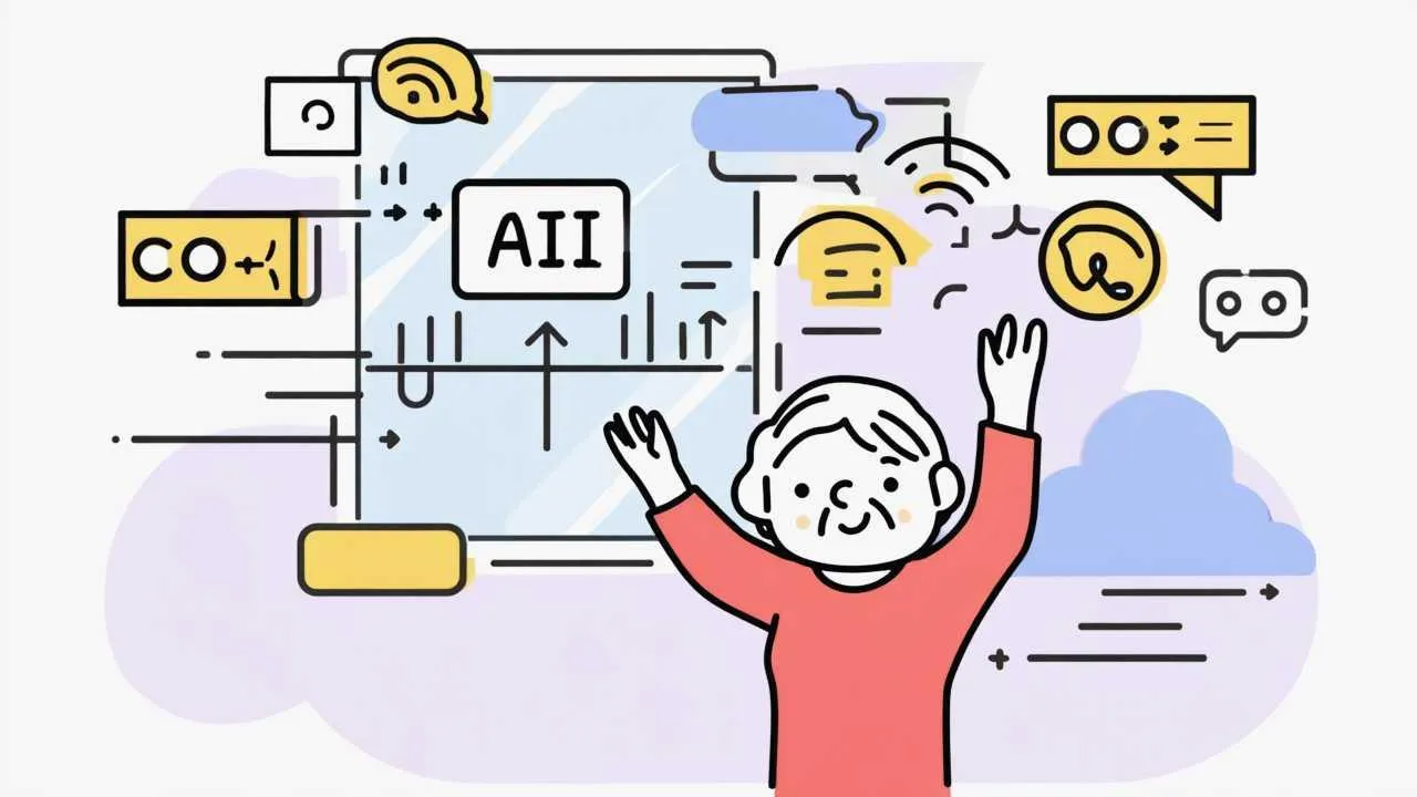 Cartoon illustration of senior using AI voice assistant, smartphone AI apps, and smart home devices with friendly technology interface in warm pastel colors