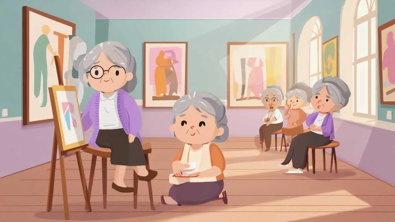 Warm cartoon illustration of seniors enjoying art in museum gallery, painting classes, and virtual exhibitions in soft pastel tones