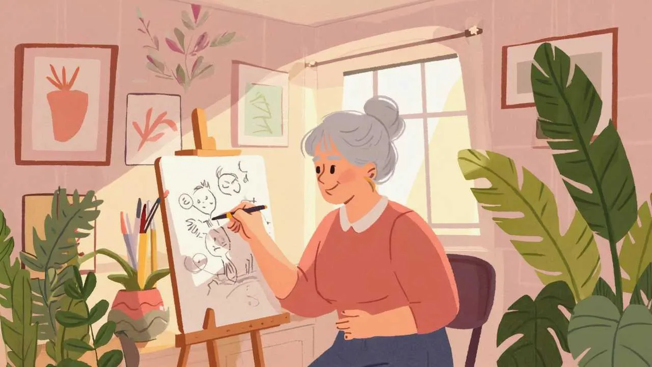 Cozy illustration of senior creating watercolor painting at home workspace with art supplies, natural light, and comfortable setup