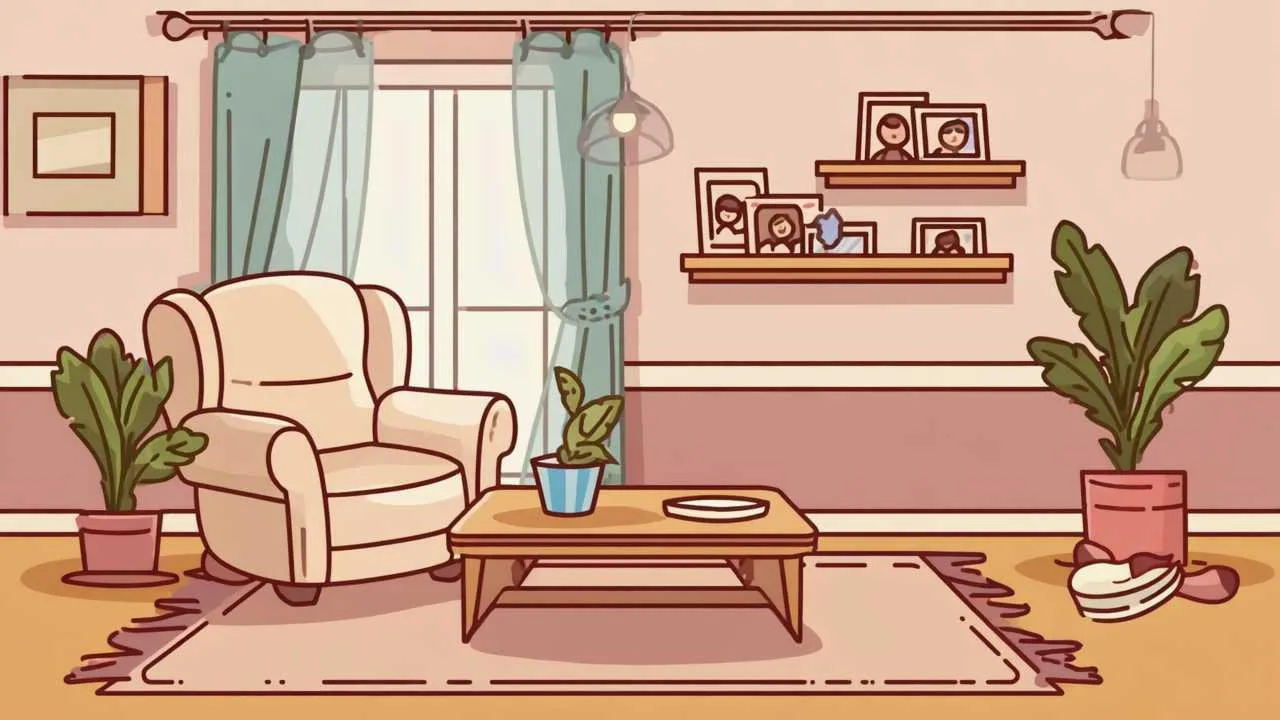 Warm cartoon illustration of inviting senior home interior with comfortable seating, soft lighting, accessible layout, and personal touches in soothing colors