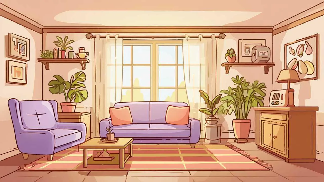 Heartwarming cartoon of personalized senior living space with family photos, meaningful decorations, plants, comfortable textiles, and organized displays