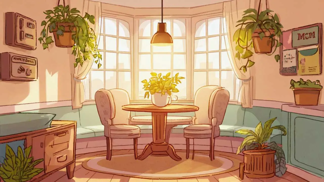 Inviting cartoon scene of senior-friendly furniture arrangement with supportive seating, accessible tables, soft textiles, and easy-to-navigate layout