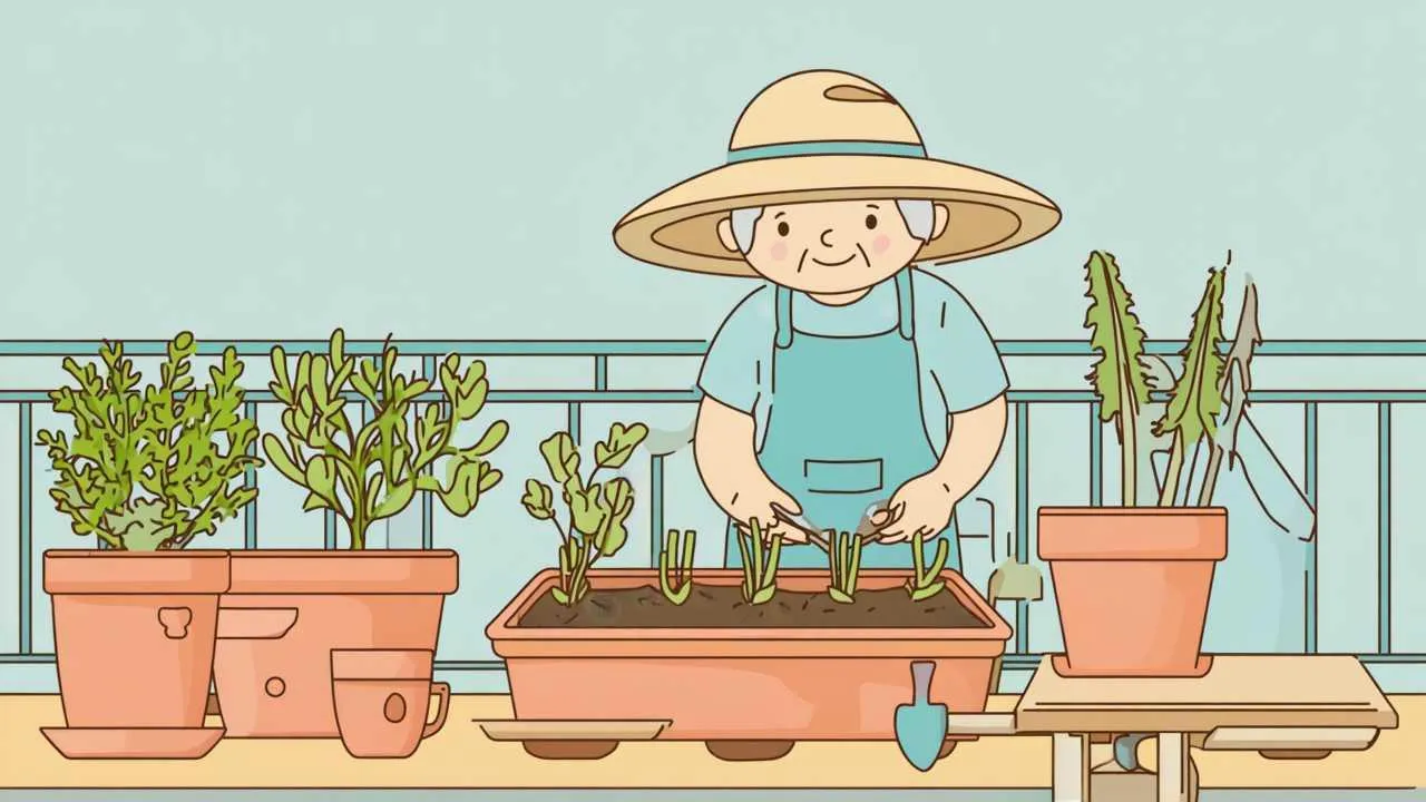 Warm cartoon illustration of senior enjoying balanced daily activities including morning exercise, reading, gardening, and social connection in cozy home setting