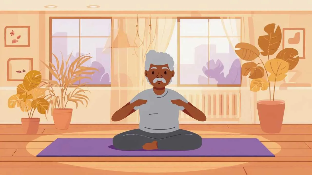 Warm cartoon illustration of senior enjoying balanced daily activities including morning exercise, reading, gardening, and social connection in cozy home setting