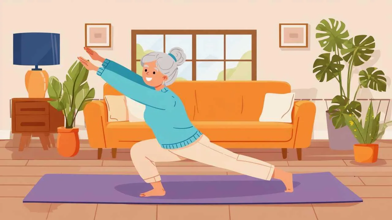 Cheerful cartoon showing seniors engaged in various daily activities including exercise, hobbies, meals, and social time in colorful organized schedule"