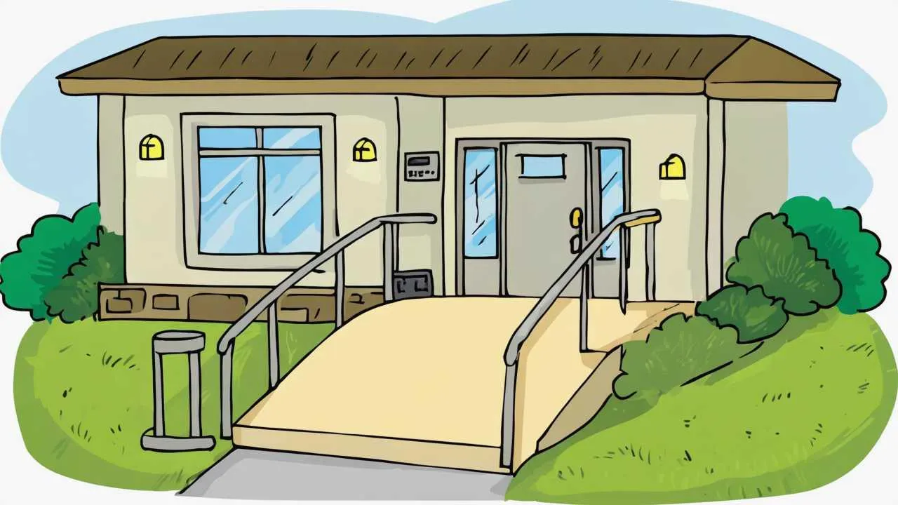 Reassuring cartoon illustration of senior-friendly home with grab bars, non-slip surfaces, adequate lighting, clear pathways, and safety features throughout