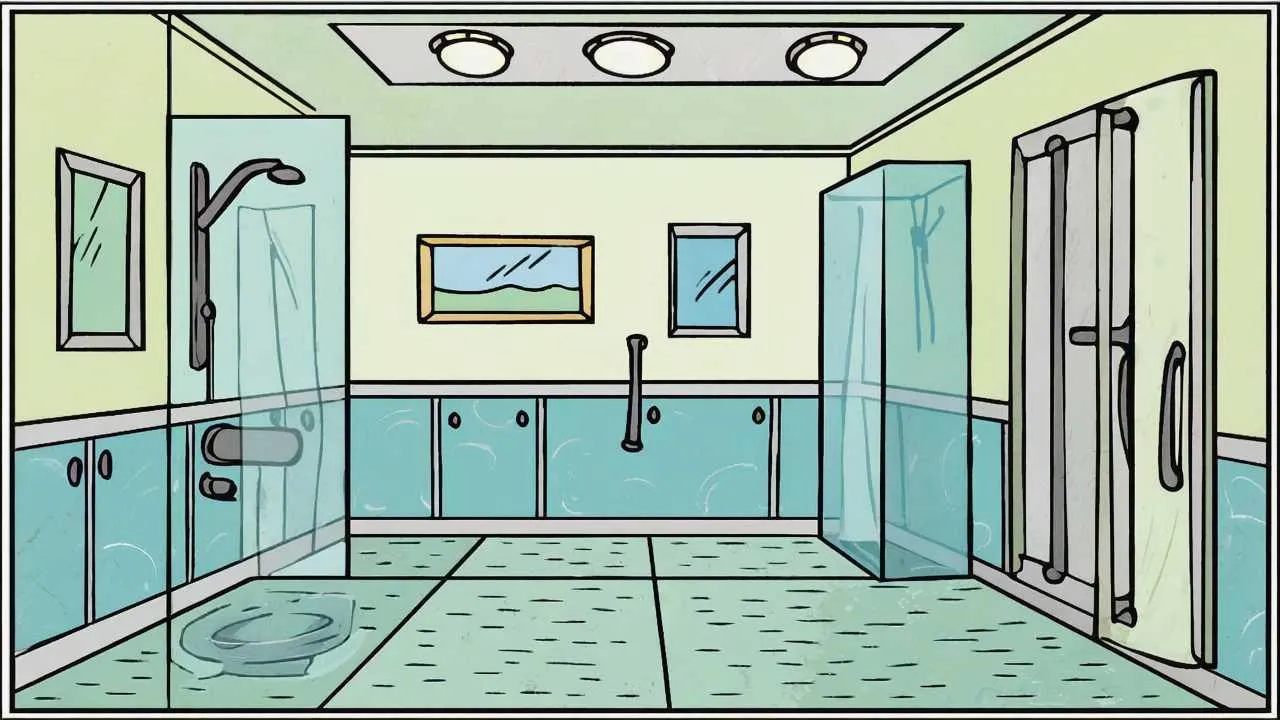 Practical cartoon displaying accessible home features including ramps, lever handles, lowered switches, wide doorways, and assistive technology