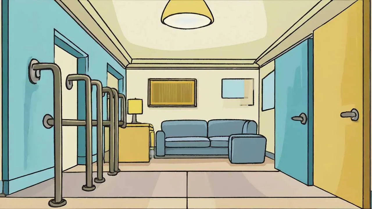Informative cartoon showing various home safety modifications including grab bars, non-slip mats, adequate lighting, clear pathways, and assistive devices