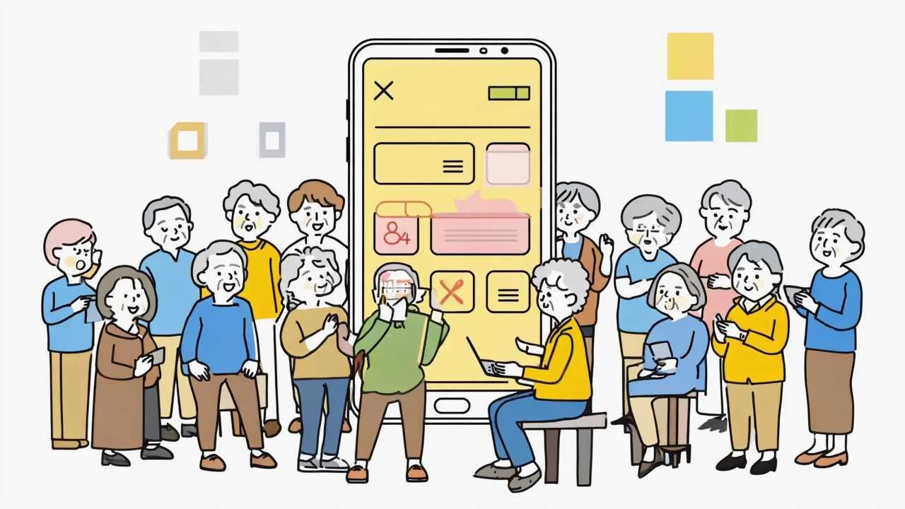Encouraging cartoon illustration of seniors confidently using smartphones for calls, photos, messages, and apps in friendly learning environment with large clear screens