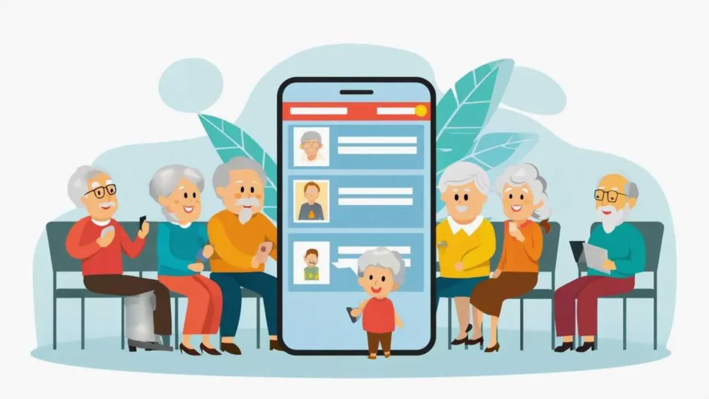 Helpful cartoon showing smartphone accessibility settings including text size adjustment, hearing aids, voice control, and touch accommodations for senior users