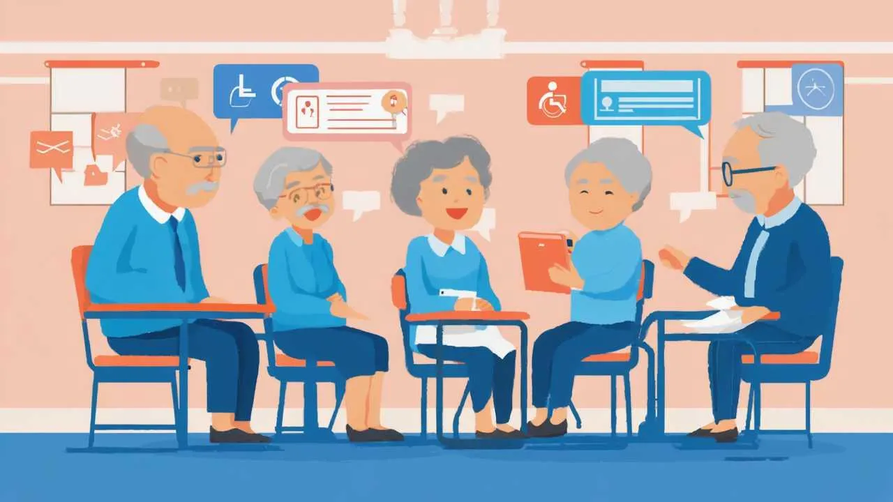 Helpful cartoon showing smartphone accessibility settings including text size adjustment, hearing aids, voice control, and touch accommodations for senior users