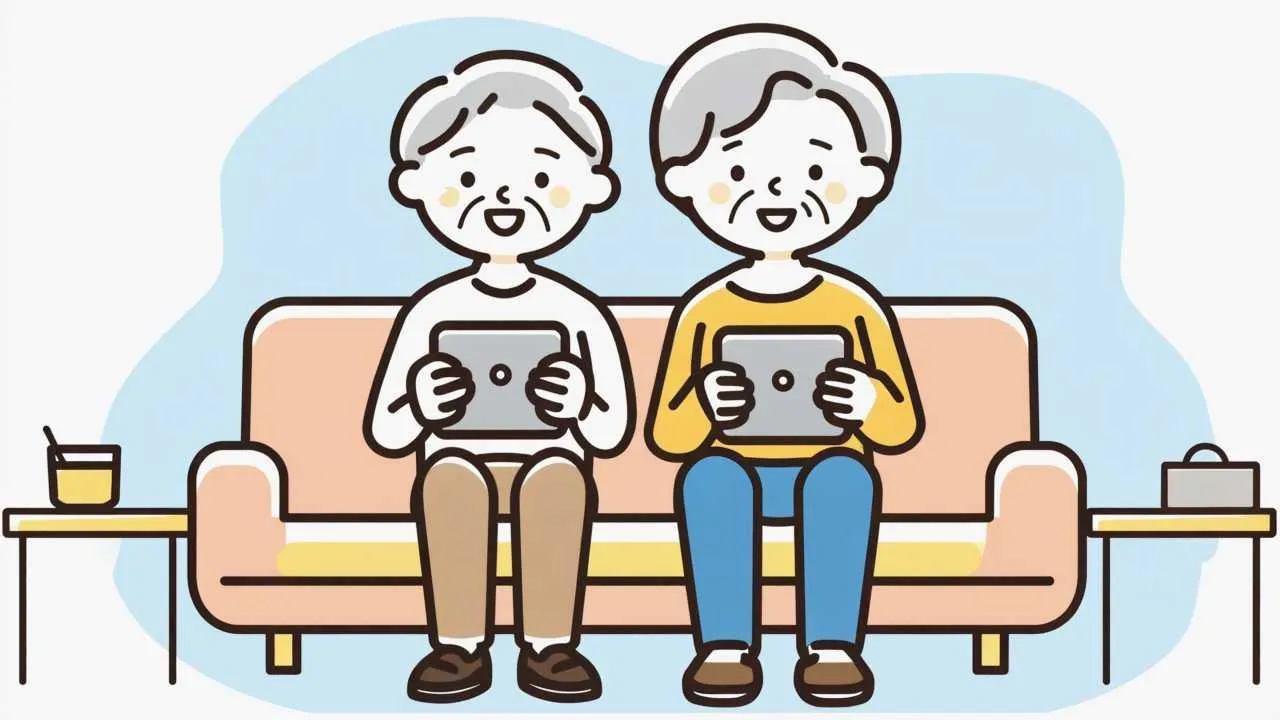 Freundliche Cartoon-Illustration von Senioren, die selbstbewusst KI-Tools nutzen, darunter Sprachassistenten, Übersetzungs-Apps und Gesundheitsanwendungen in gemütlicher häuslicher Umgebung