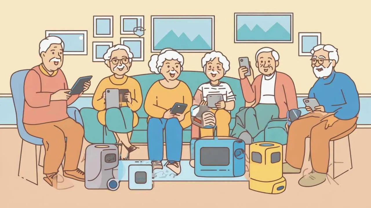 Warm cartoon showing seniors happily video calling family, using tablets for social media, and staying connected through modern communication technology