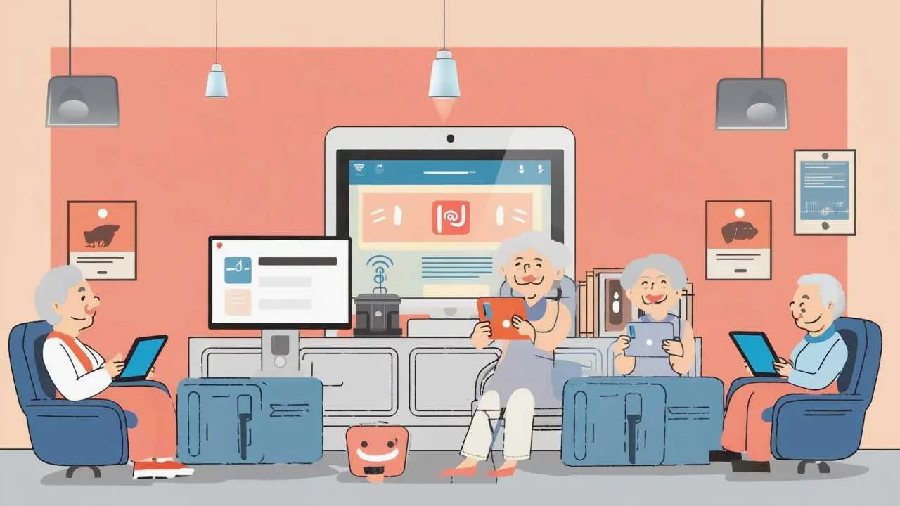 Friendly cartoon illustration of seniors confidently using various modern technology including smartphones, tablets, smart speakers, and assistive devices in comfortable home setting