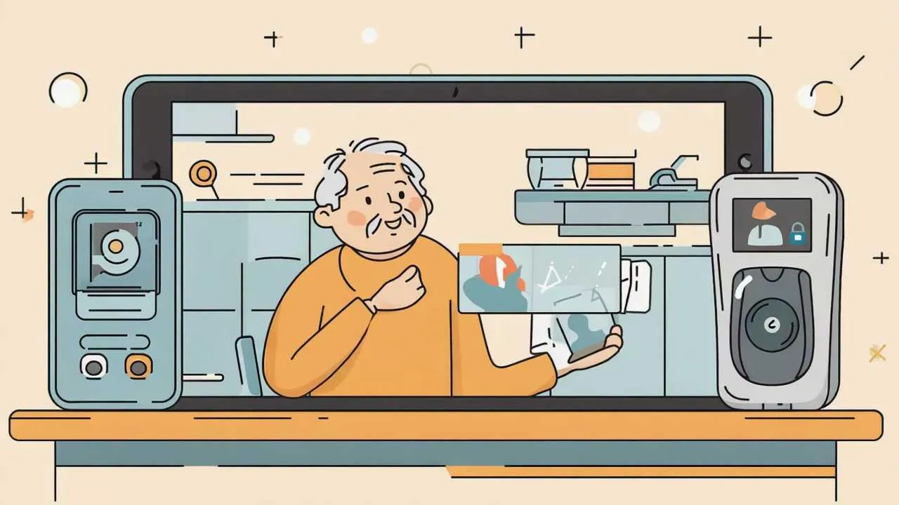 Comfortable cartoon illustration of senior home with smart devices including voice speakers, automated lighting, video doorbell, and connected safety features