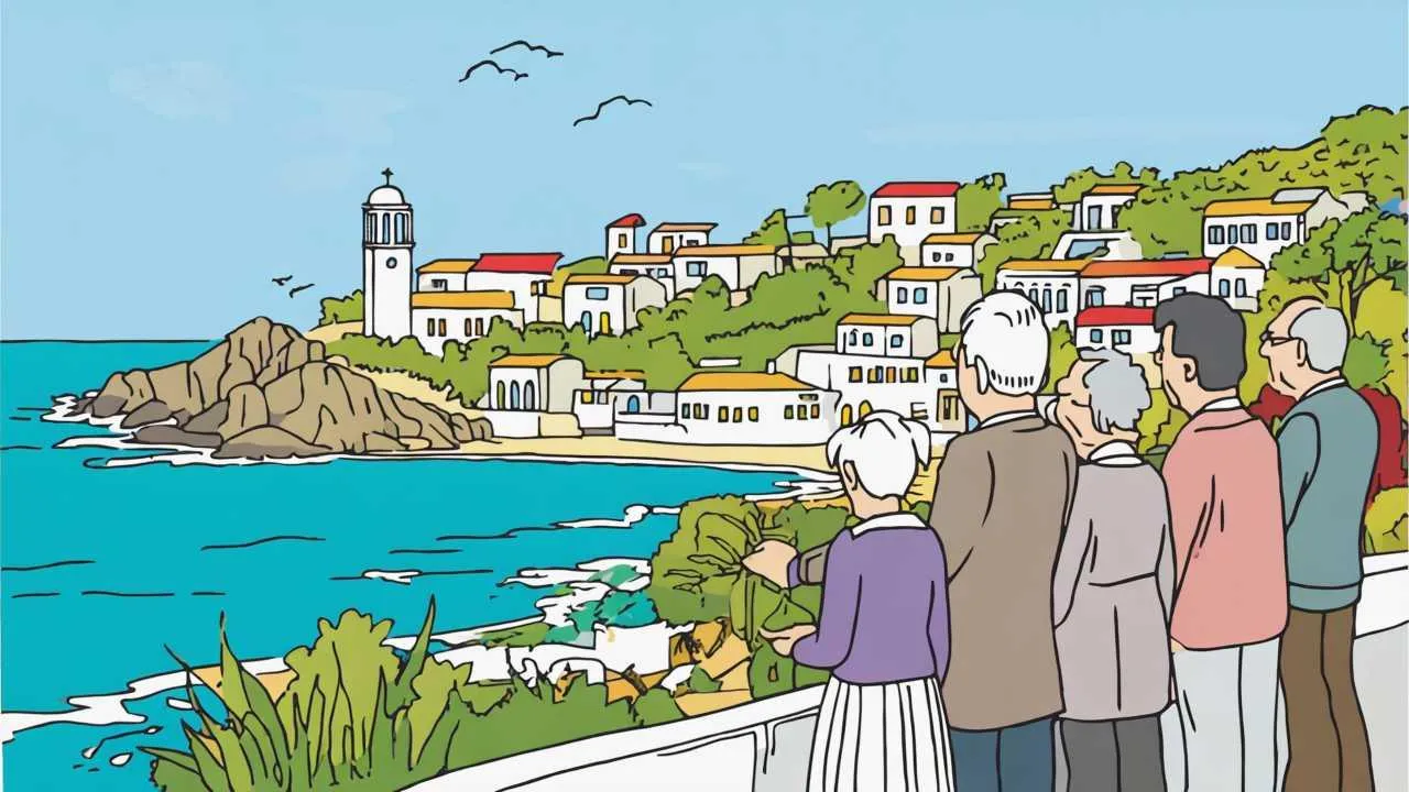 Cartoon illustration of seniors enjoying scenic coastal views and traditional Portuguese architecture in pastel colors