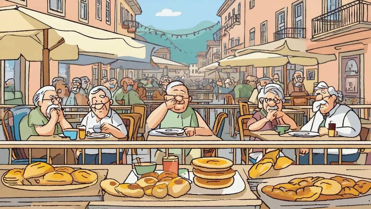 Colorful cartoon illustration of Portuguese traditional dishes including bacalhau and pasteis de nata being enjoyed by seniors in outdoor cafe