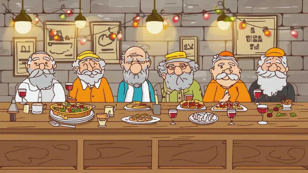Vibrant cartoon illustration of seniors enjoying Spanish tapas, paella, and wine in traditional restaurant setting with warm Mediterranean colors