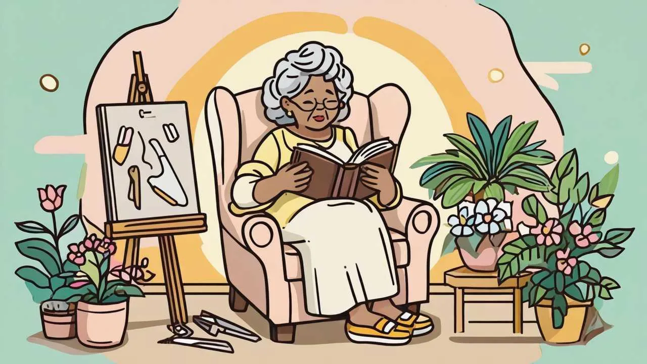 Inspiring cartoon illustration of senior discovering new passions with open book, painting easel, and garden tools surrounded by warm golden light symbolizing purposeful retirement in pastel tones