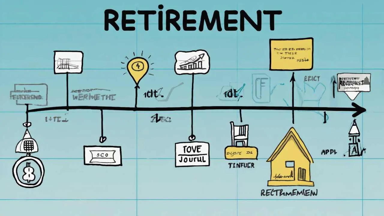 Clear visual timeline showing four stages of retirement adjustment with emotional curve and milestone markers in encouraging gradient from blue to warm gold tones