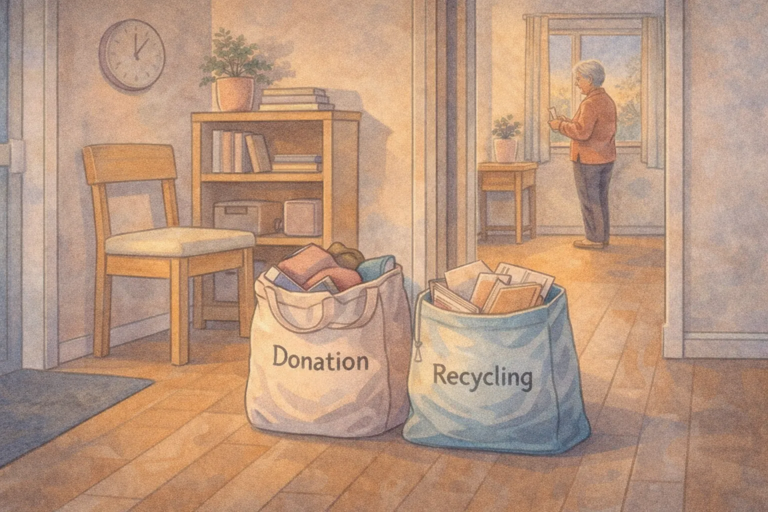Older adult using a gentle one-bag declutter method with small donation and recycling bags in a calm, tidy home entryway