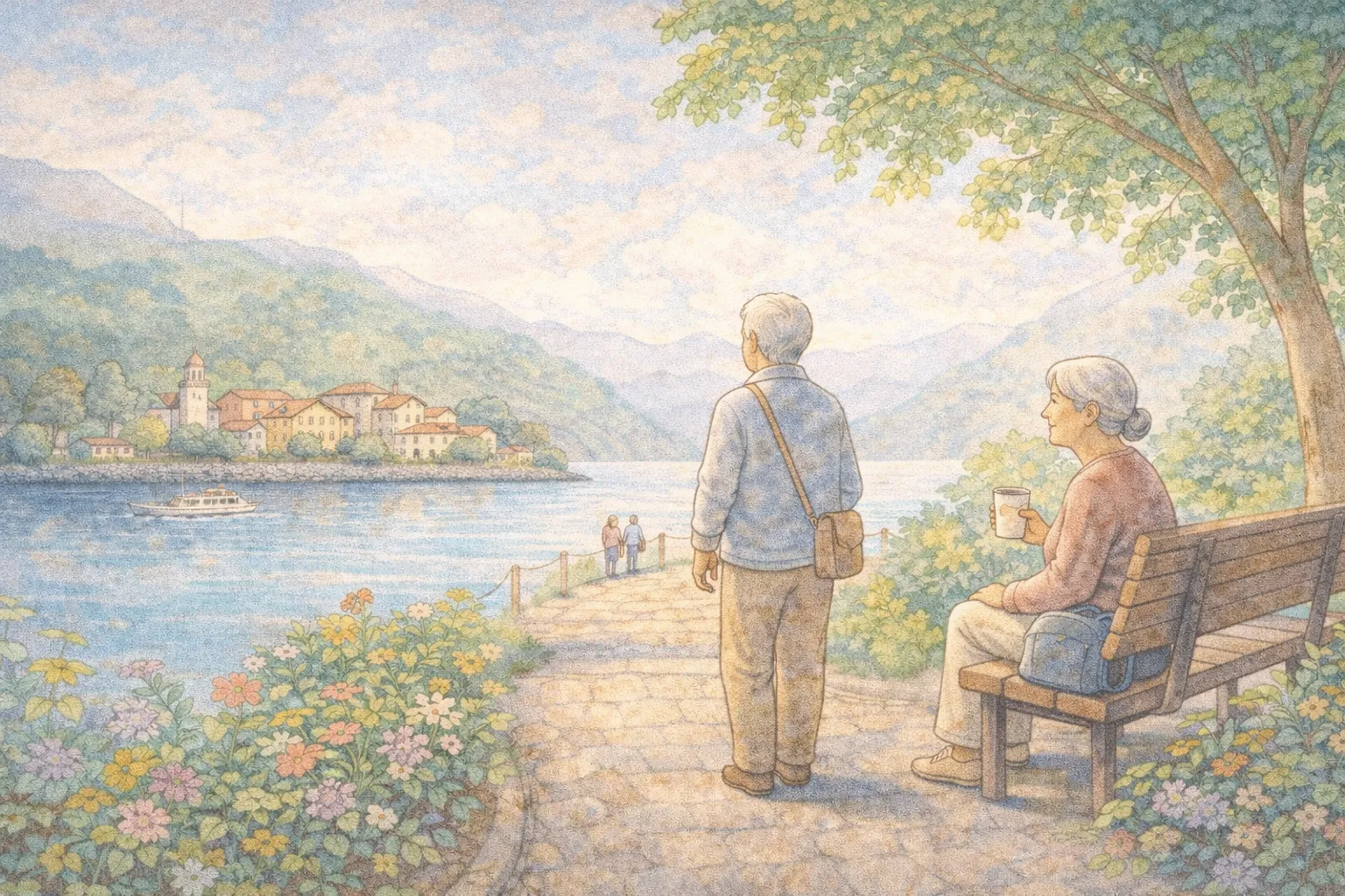Older adults on a gentle day trip, walking slowly and resting on benches in a scenic town with plenty of shade and seating
