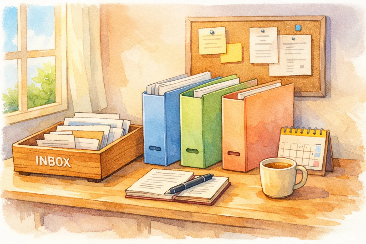 “Calm paper organization system for seniors who hate apps with an inbox tray and three folders for to-do, file, and shred”