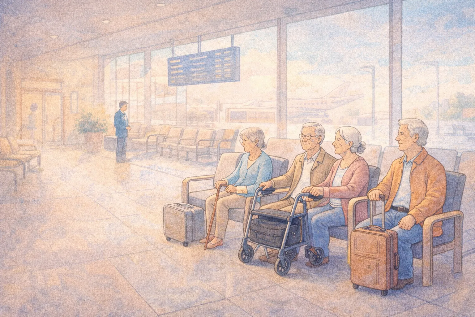 “Older adults with mobility aids waiting calmly in an accessible travel lounge with wheeled luggage and plenty of seating”