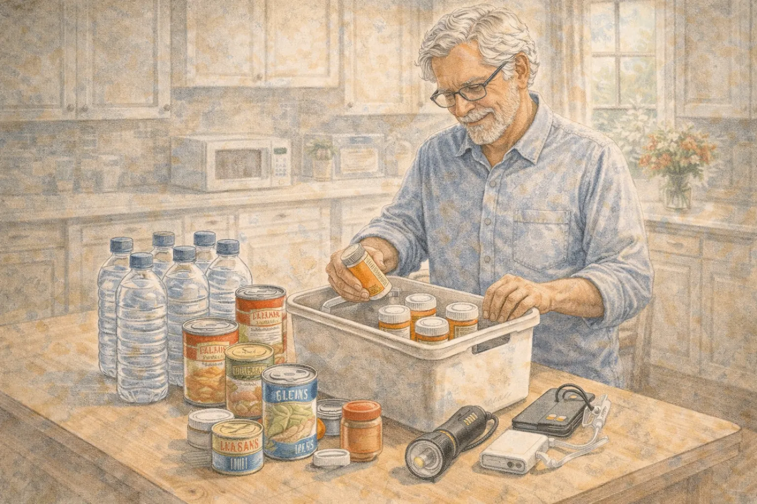 Older adult organizing a small emergency kit with medication, bottled water, canned food, and a flashlight on a kitchen table.