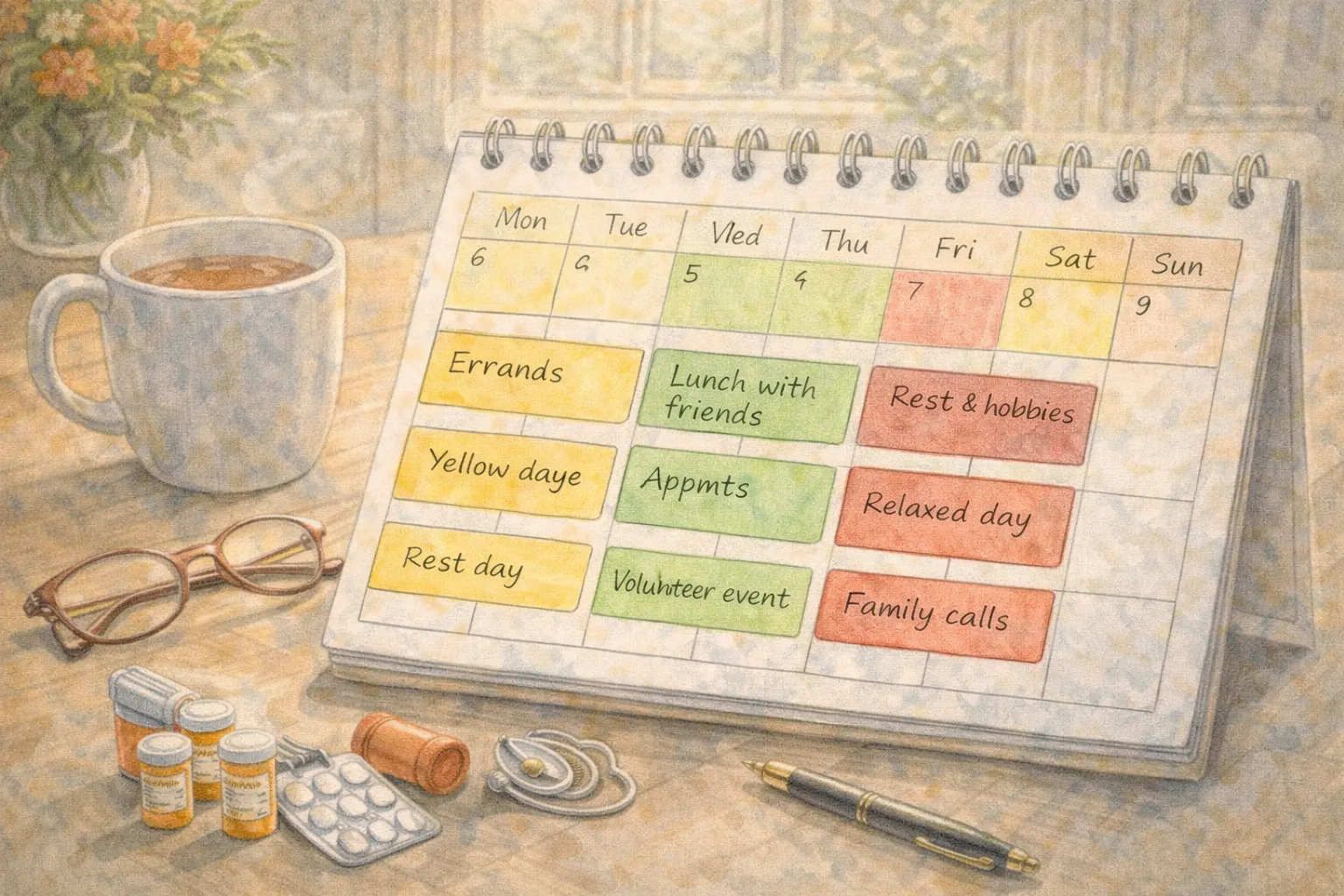 Weekly calendar for seniors showing green yellow and red energy days used to balance activities and rest.
