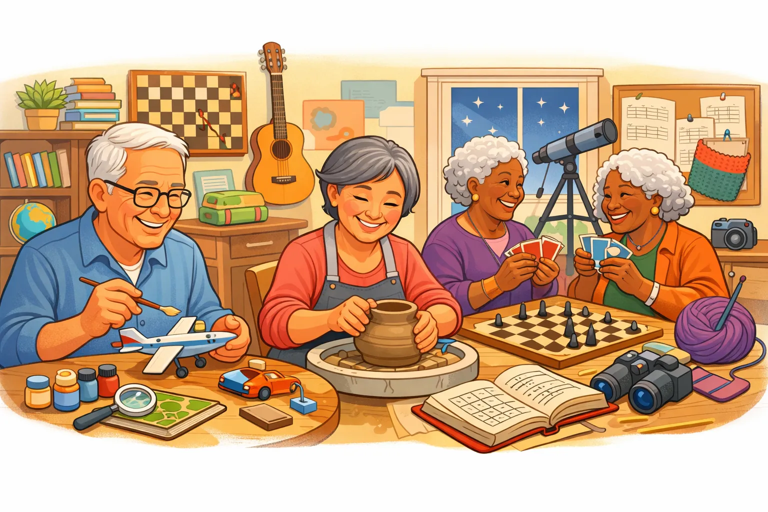 Older adults enjoying pottery, model painting, card games, music, and crafts in a bold-line pastel cartoon panorama illustration about hobbies for brain health.