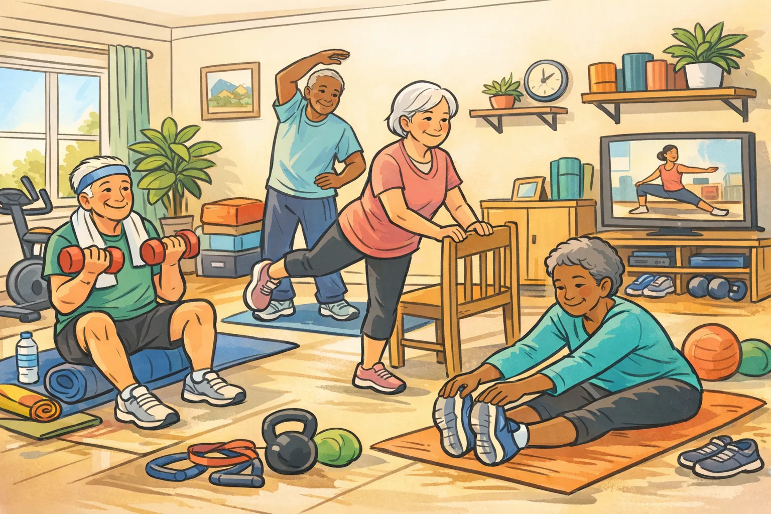 Older adults doing light strength, balance, and stretching exercises at home in a bold-line pastel cartoon panorama illustration.