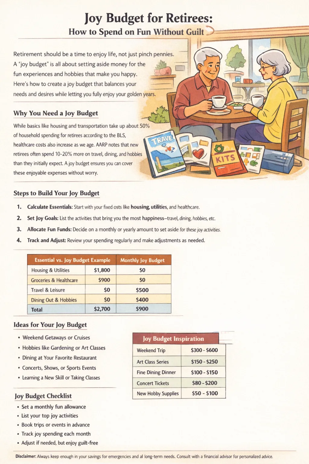 Retired couple planning a joy budget with coffee, hobby items, and travel notes in a warm bold-line pastel cartoon panorama setting.