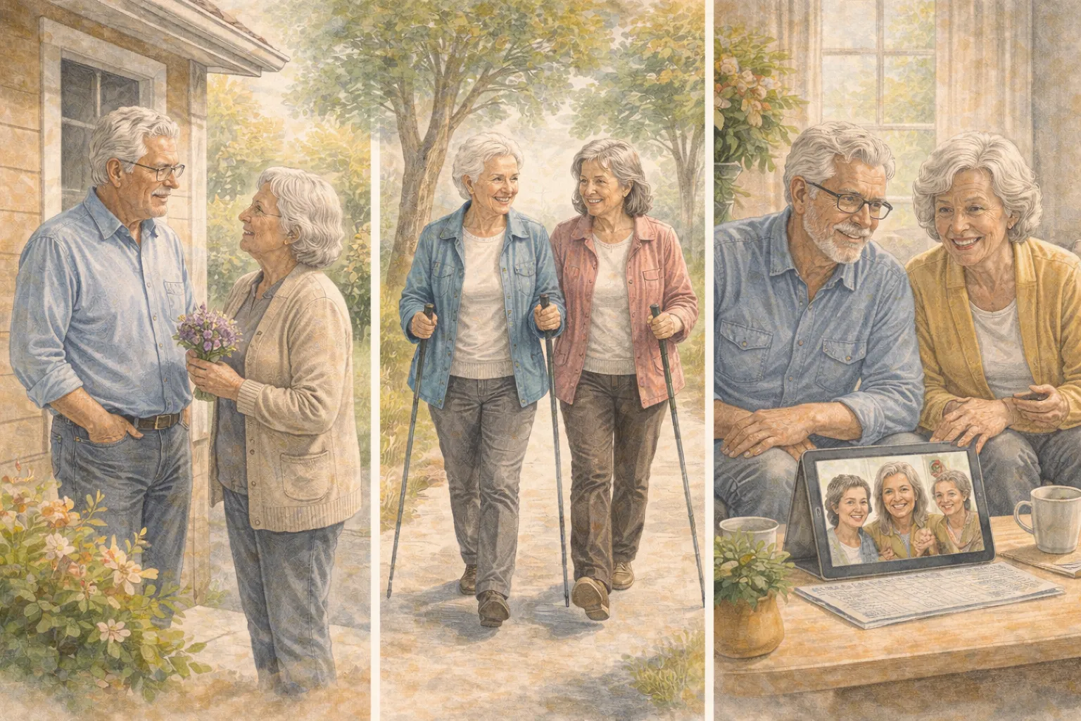 Older adults talking with neighbors, walking with friends, and video calling family as part of a weekly connection routine.