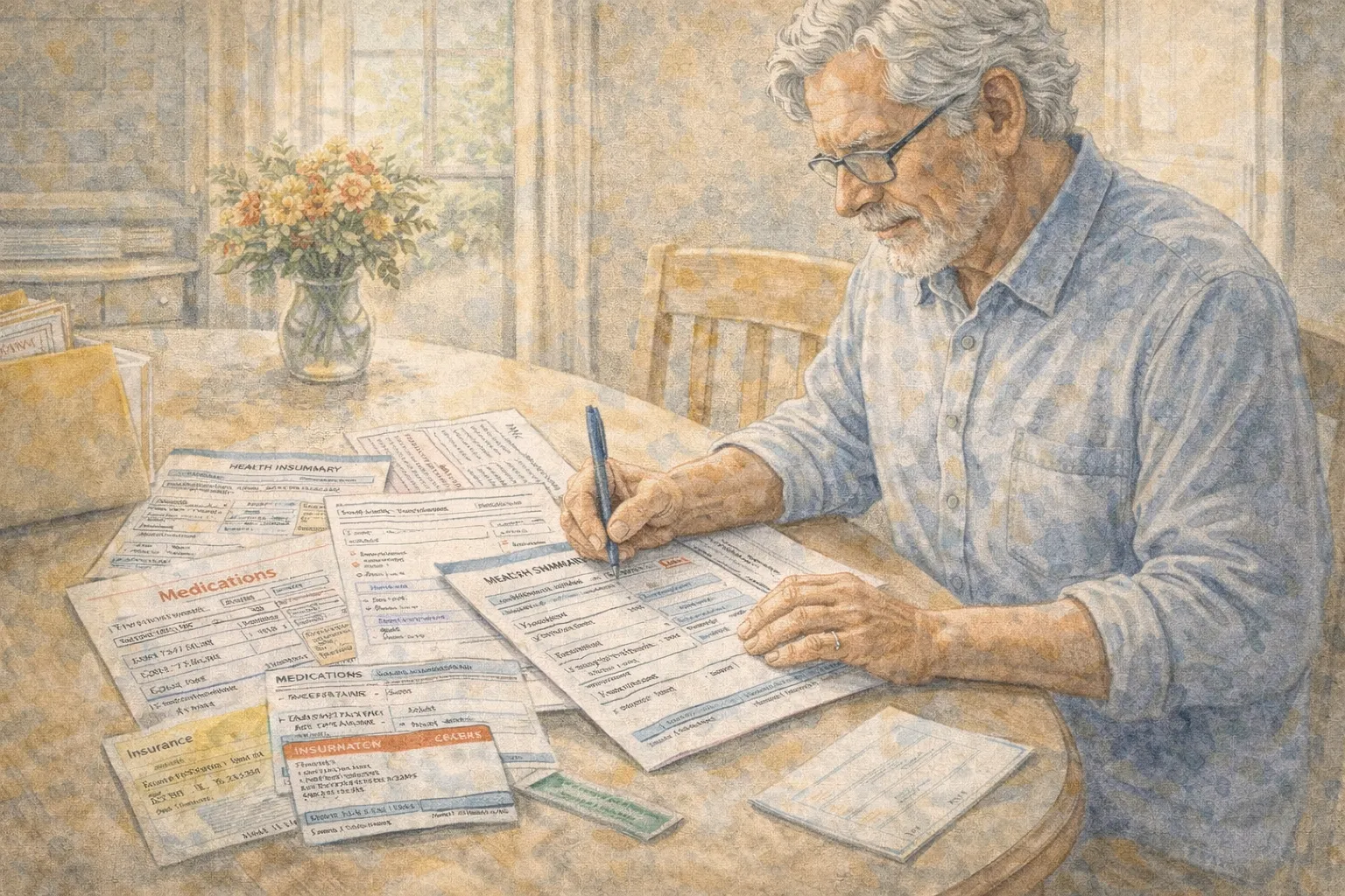 Older adult organizing medical paperwork and creating a one-page health summary with medication list and emergency contacts.