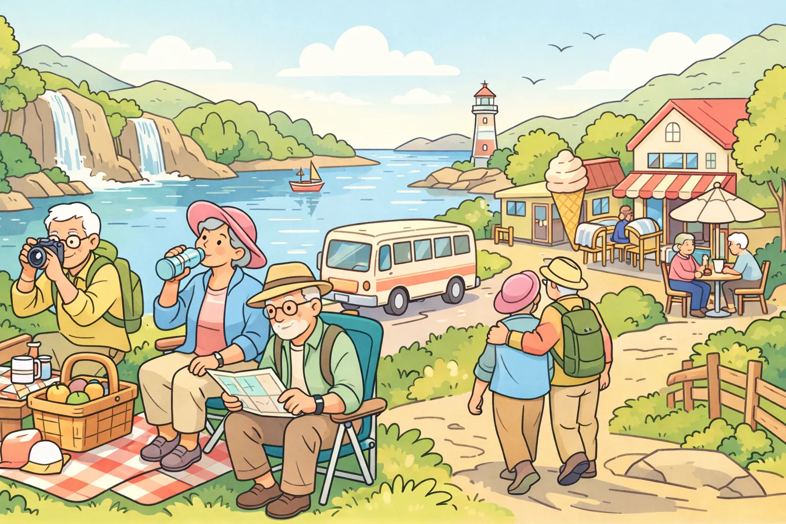 Older adults enjoying a calm lakeside day trip with picnic, café stop, and scenic walk in a bold-line pastel cartoon panorama illustration.