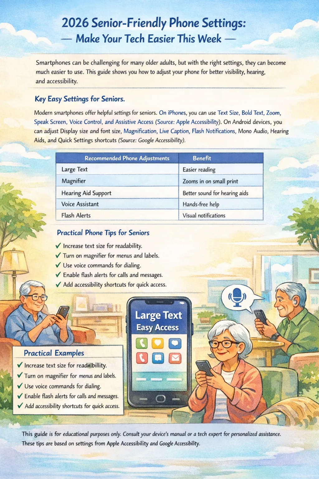 Older adults using smartphones with large text and easy-access settings in a warm home setting, illustrated in a bold-line pastel cartoon panorama style.