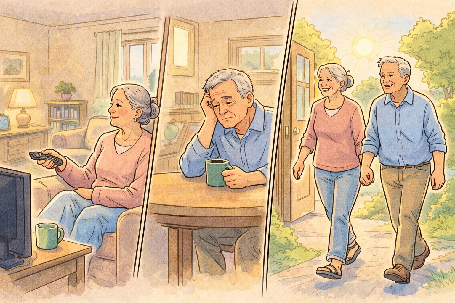 Panoramic comic-style illustration showing retirees staying indoors feeling low energy versus going outside feeling refreshed and active