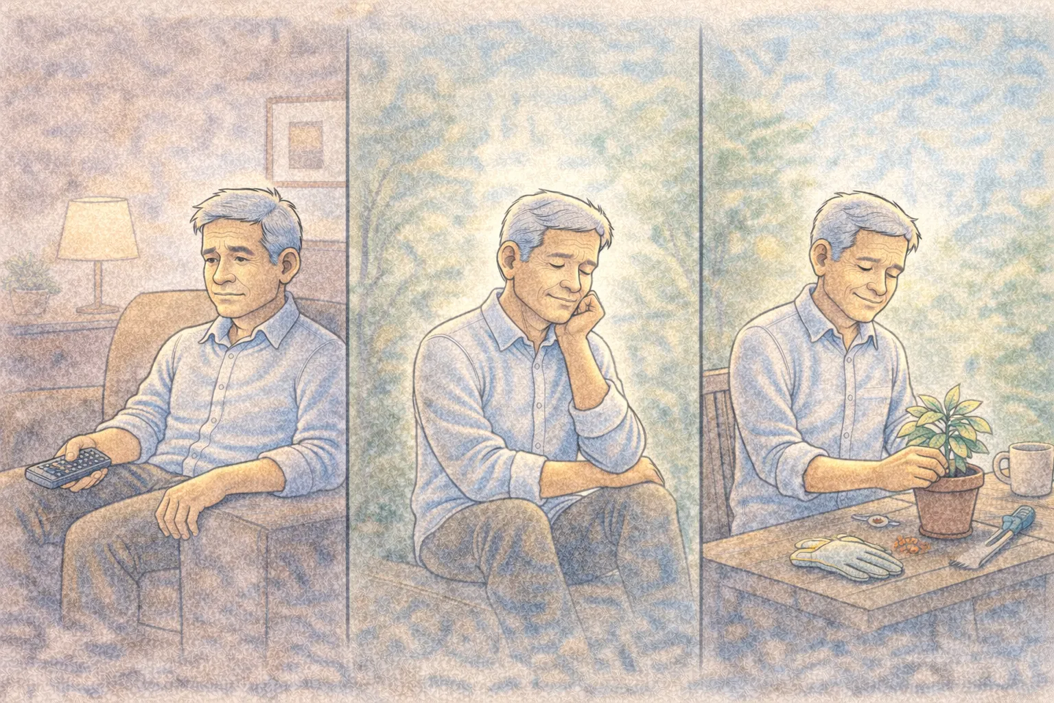 Panoramic comic-style illustration showing a person feeling emotionally flat while resting and becoming happier through engaging in a small activity
