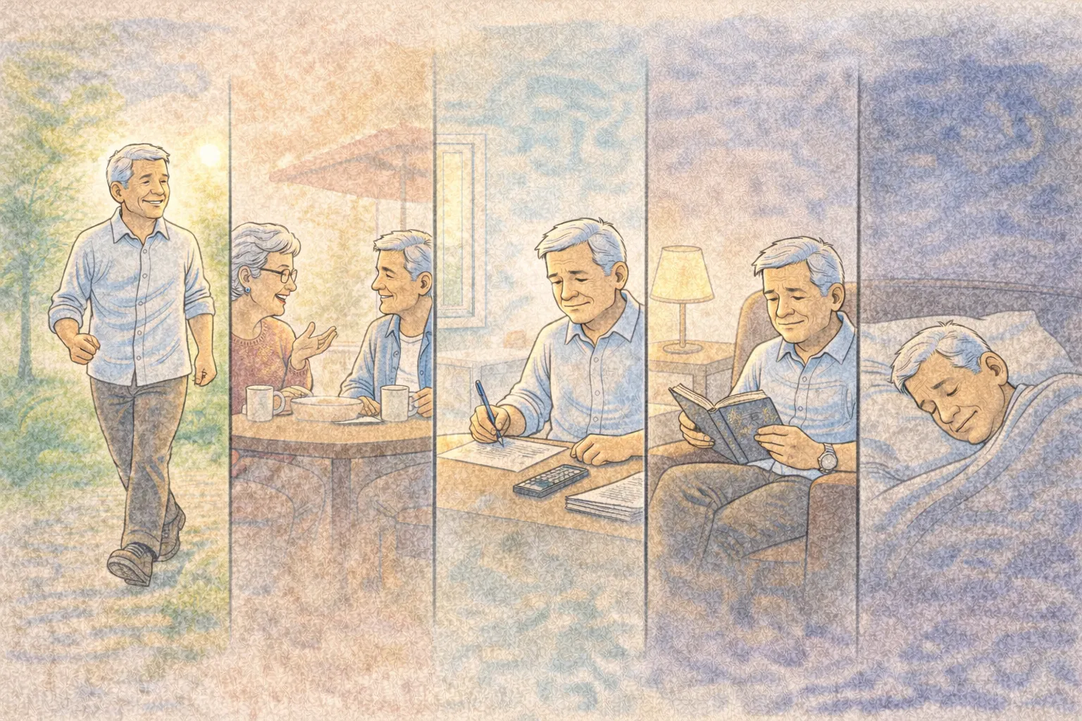 Panoramic comic-style illustration showing a retiree experiencing a balanced week with walking, socializing, tasks, relaxation, and rest