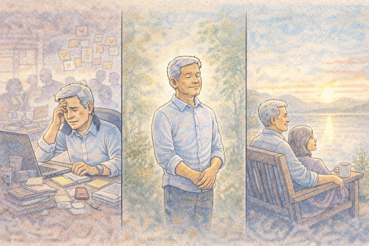 Panoramic comic-style illustration showing a person in their 50s moving from a stressful busy life to calm reflection and peaceful moments