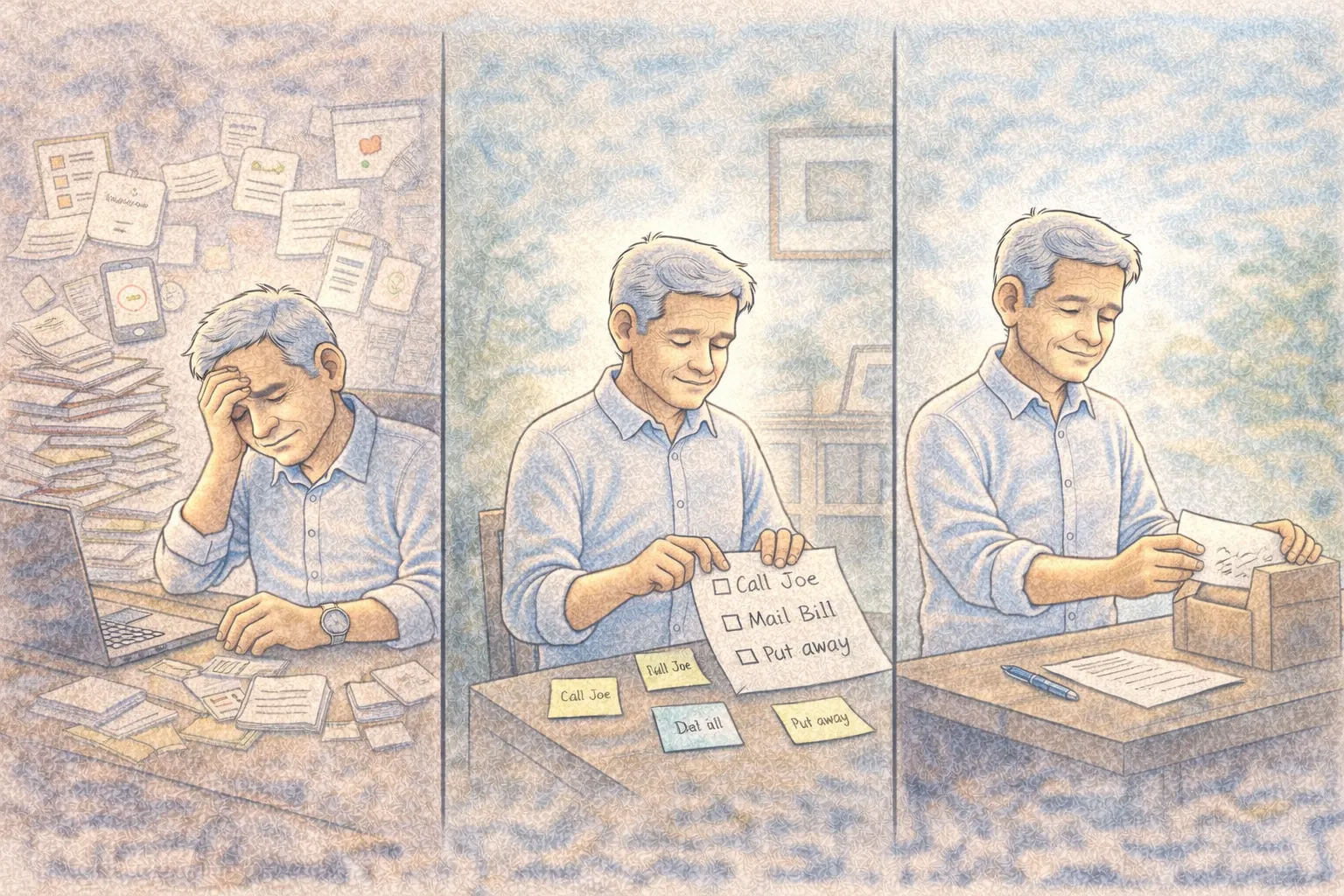 Panoramic comic-style illustration showing a person overwhelmed by many small tasks and then completing them easily after organizing