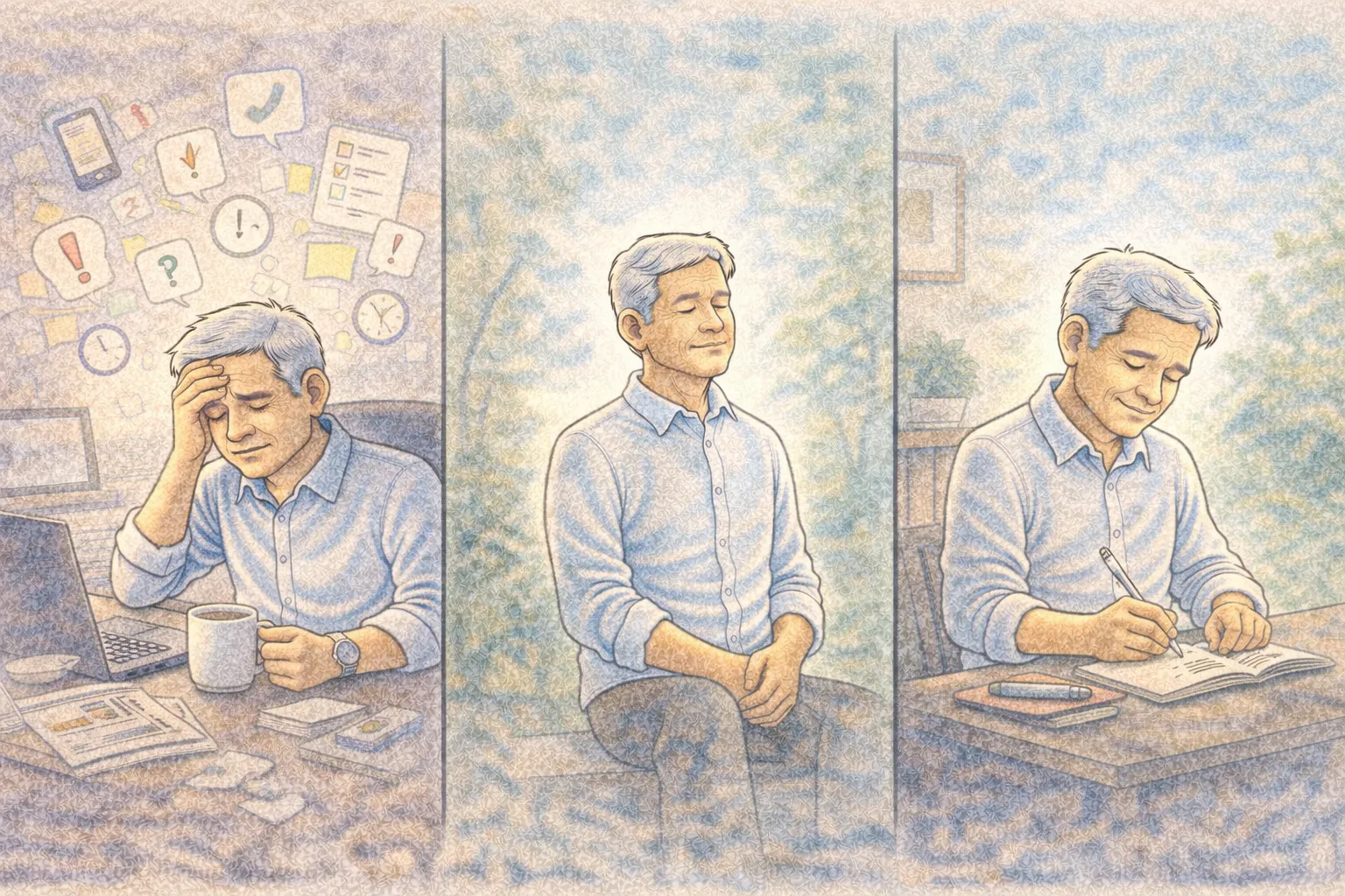 Panoramic comic-style illustration showing a person feeling mentally overwhelmed and then gaining clarity through calm focus