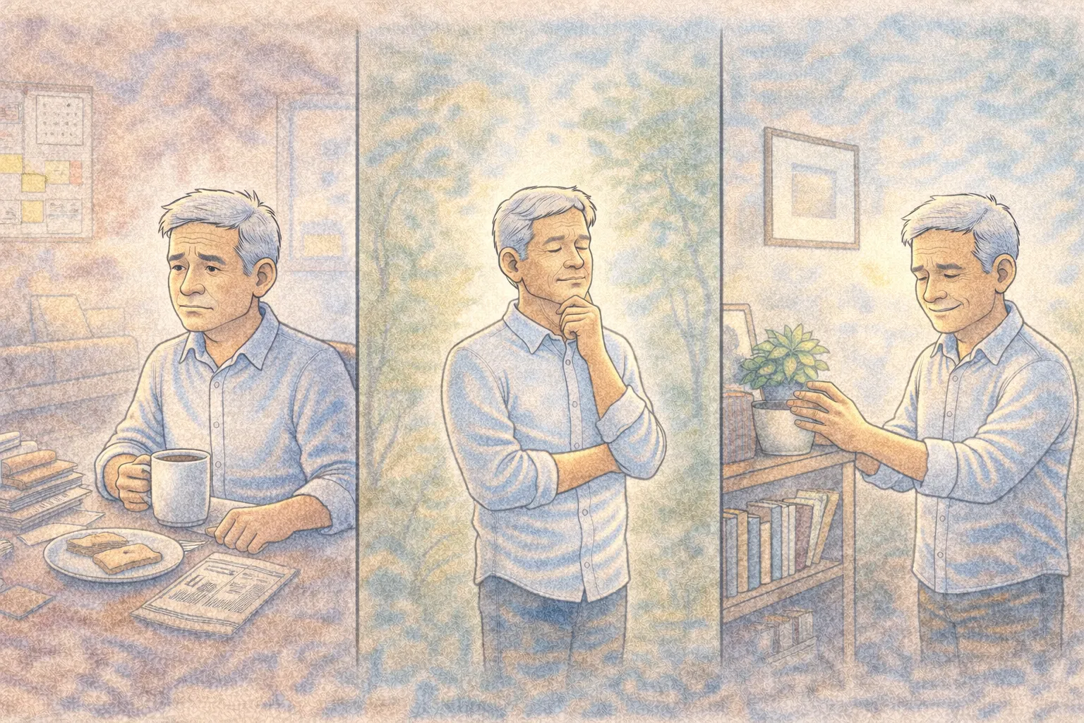Panoramic comic-style illustration showing a person feeling slightly off during a normal routine and then becoming calm through reflection and small changes