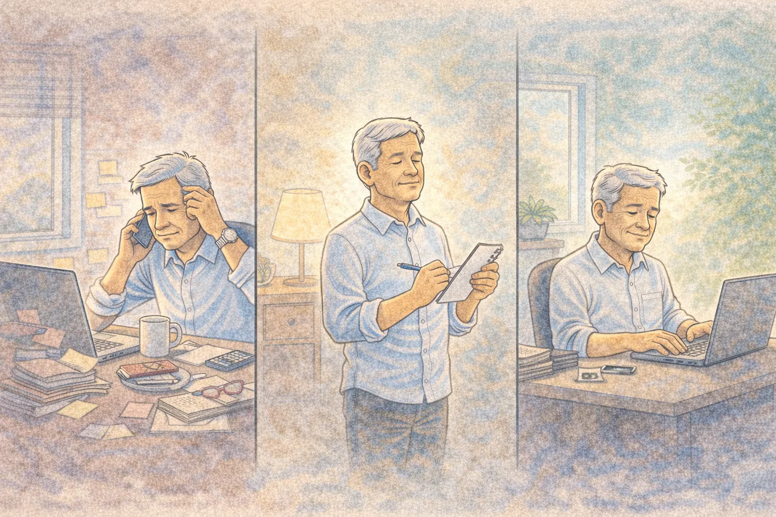 Panoramic comic-style illustration showing a person over 50 feeling mentally tired from multitasking and becoming calm through focused work